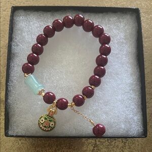 #1466** Natural Sand Cinnabar Beaded W/ Green Dragon Face Gold Plated Bracelet